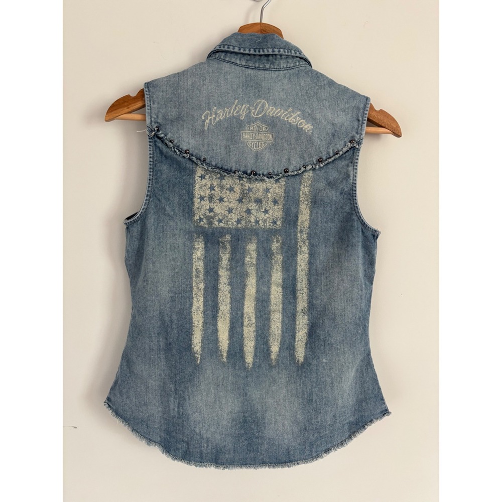 Harley Davidson Womens Denim Vest Light Wash American Flag Studded Frayed small - Picture 8 of 11